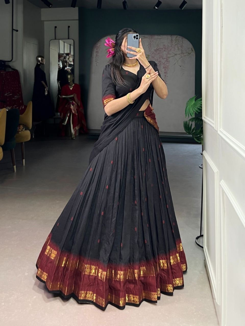 Elegant Chanderi Silk Half Saree Lehenga by Laksharaa Sarees featuring intricate embroidery and rich fabric details.