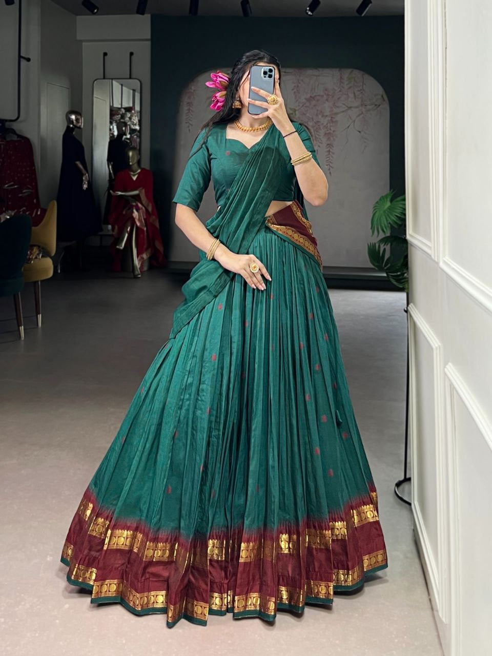 Elegant HARINI Chanderi Silk Half Saree Lehenga with intricate embroidery, designed by Laksharaa Sarees, displayed in the image.