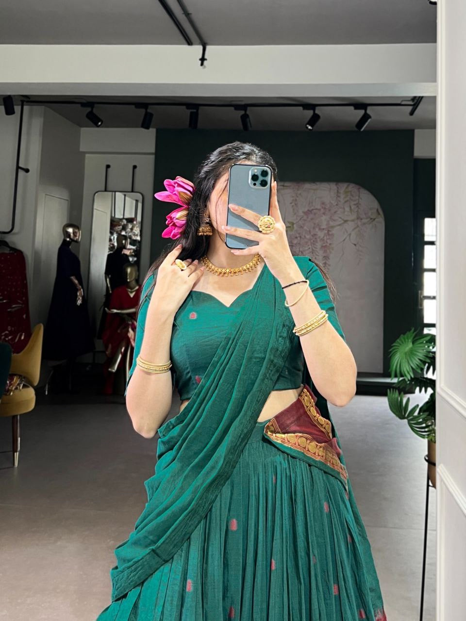 Elegant HARINI Chanderi Silk half saree lehenga with intricate embroidery, showcased in a traditional Indian design.