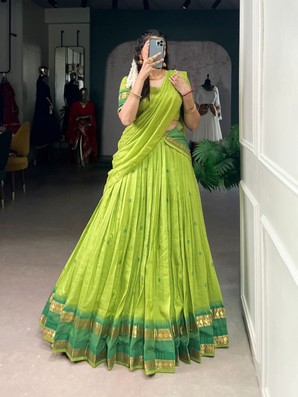 Elegant Chanderi Silk Half Saree Lehenga by Laksharaa Sarees featuring intricate embroidery and traditional design.