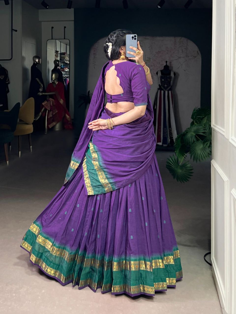 Elegant HARINI Chanderi Silk Half Saree Lehenga with intricate embroidery, showcased in a detailed front view.