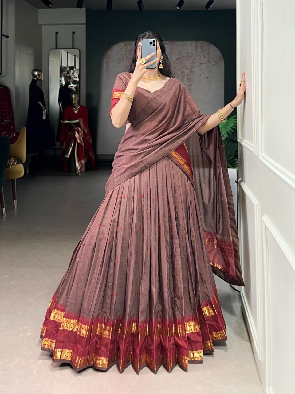 Harini Chanderi Silk Half Saree Lehenga by Laksharaa Sarees featuring intricate embroidery and vibrant fabric in a traditional style.