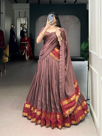 Elegant Chanderi silk half saree lehenga by Laksharaa Sarees featuring intricate embroidery and rich fabric details.