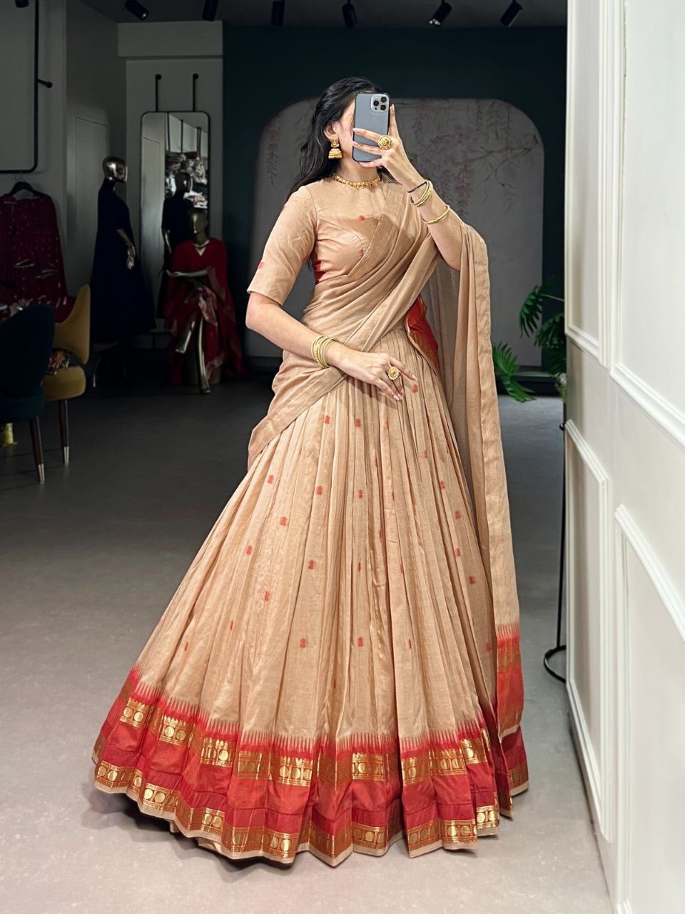 Elegant Harini Chanderi Silk Half Saree Lehenga by Laksharaa Sarees with intricate gold embroidery and traditional design.