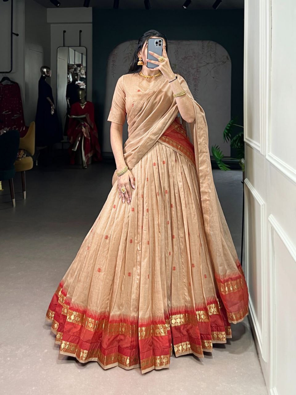 Harini Chanderi Silk Half Saree Lehenga by Laksharaa Sarees, featuring intricate embroidery and rich fabric in a vibrant design.