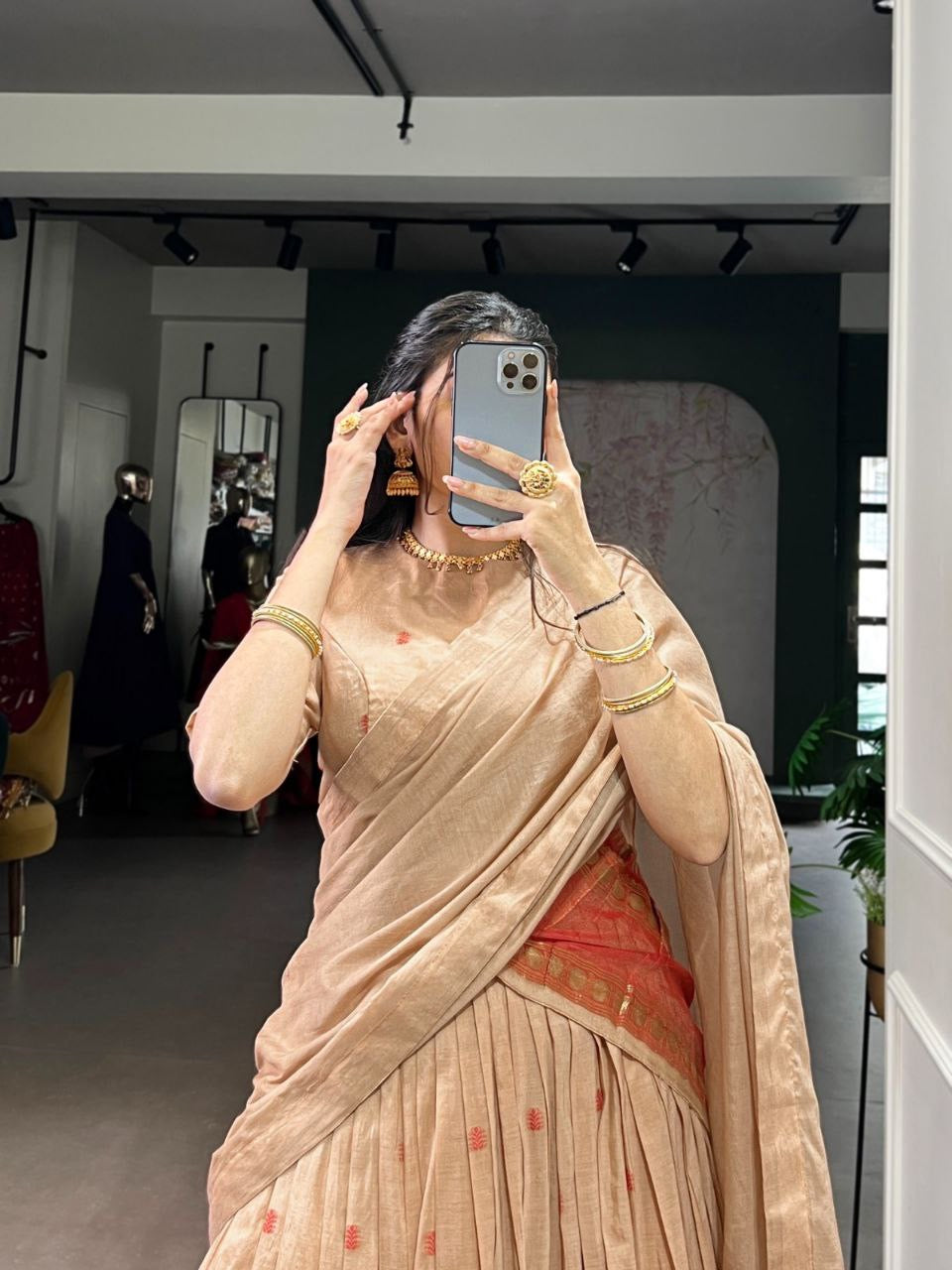Elegant HARINI Chanderi Silk Half Saree Lehenga with intricate embroidery and vibrant colors, displayed on a mannequin.