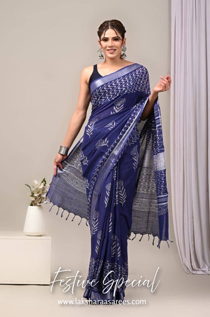 Comfy Linen Saree - Blue edition