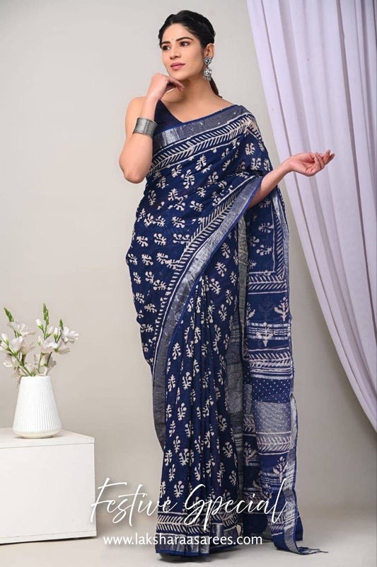 Comfy Linen Saree - Blue edition