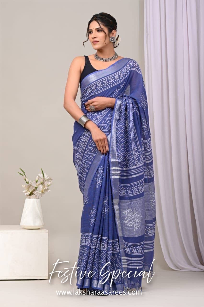 Comfy Linen Saree - Blue edition