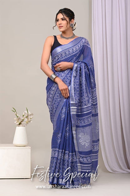 Comfy Linen Saree - Blue edition