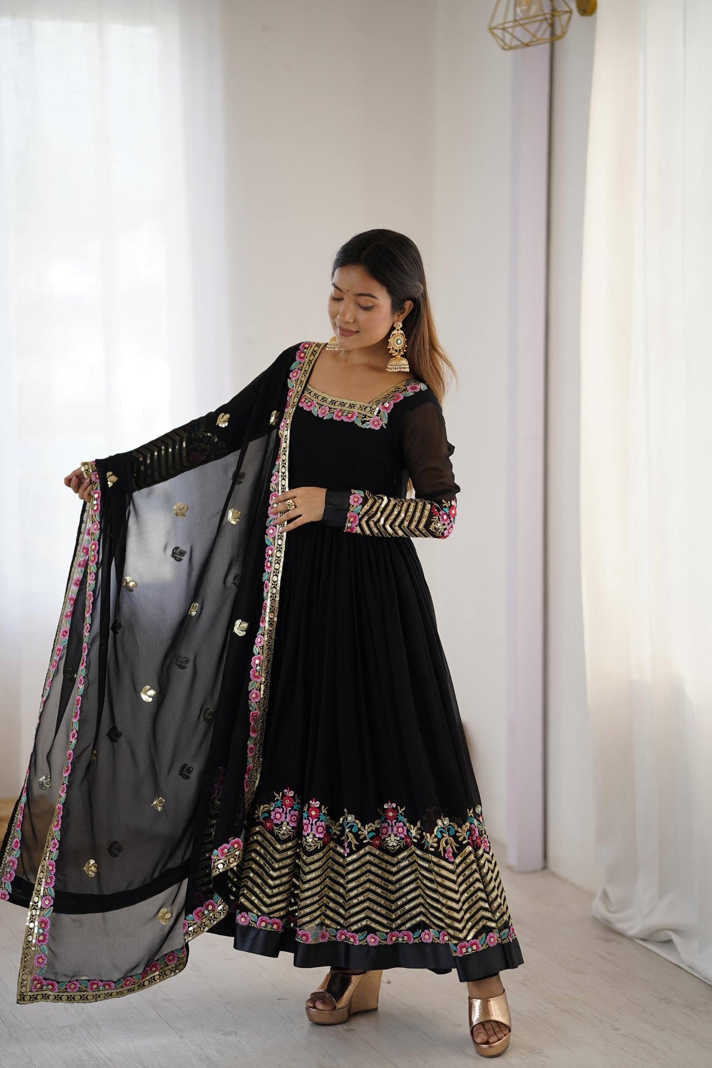 KUSHI - Floral Box Neck Georgette Anarkali