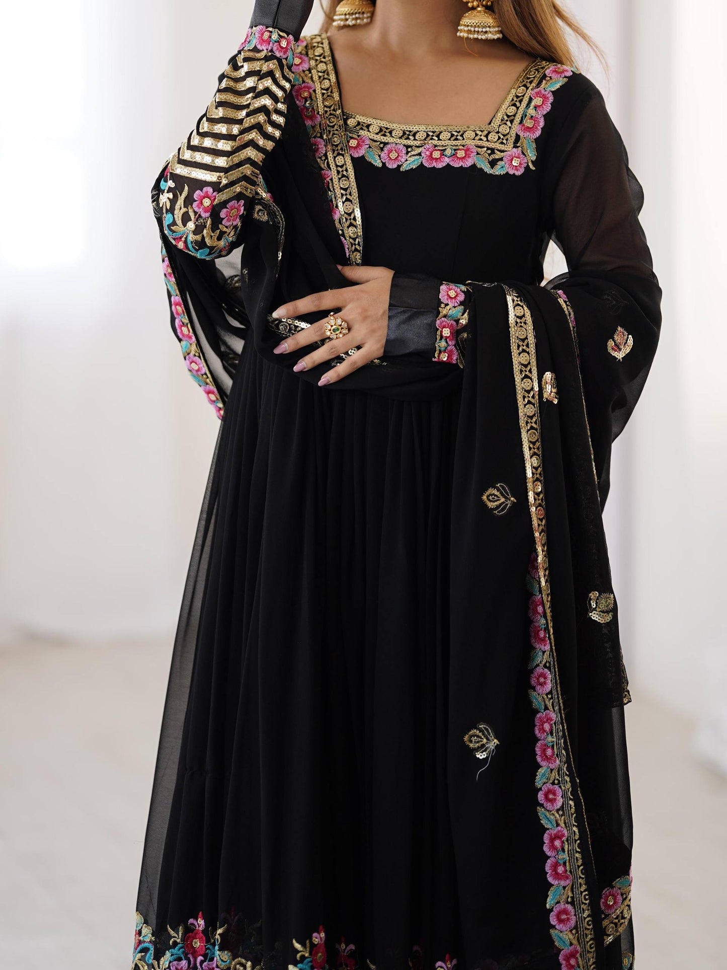 KUSHI - Floral Box Neck Georgette Anarkali