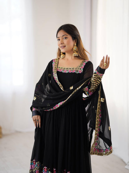 KUSHI - Floral Box Neck Georgette Anarkali