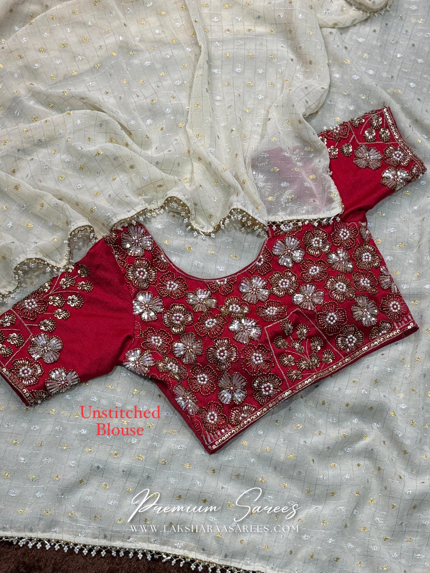 SHAILA — CreamGeorgette Saree x Grand Embroidered Blouse - Laksharaa Sarees