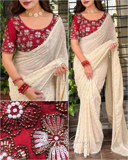 SHAILA — CreamGeorgette Saree x Grand Embroidered Blouse - Laksharaa Sarees