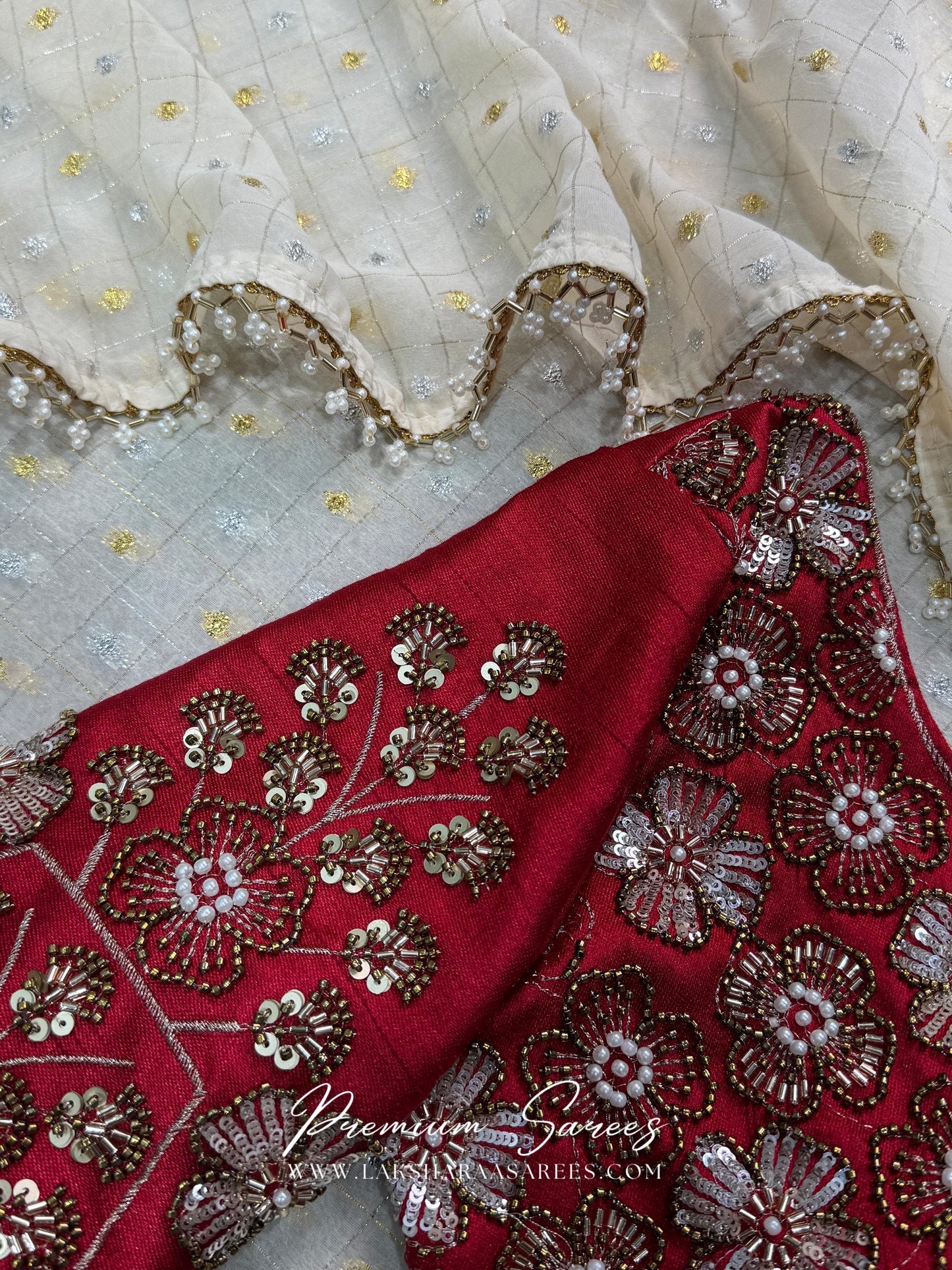 SHAILA — CreamGeorgette Saree x Grand Embroidered Blouse - Laksharaa Sarees