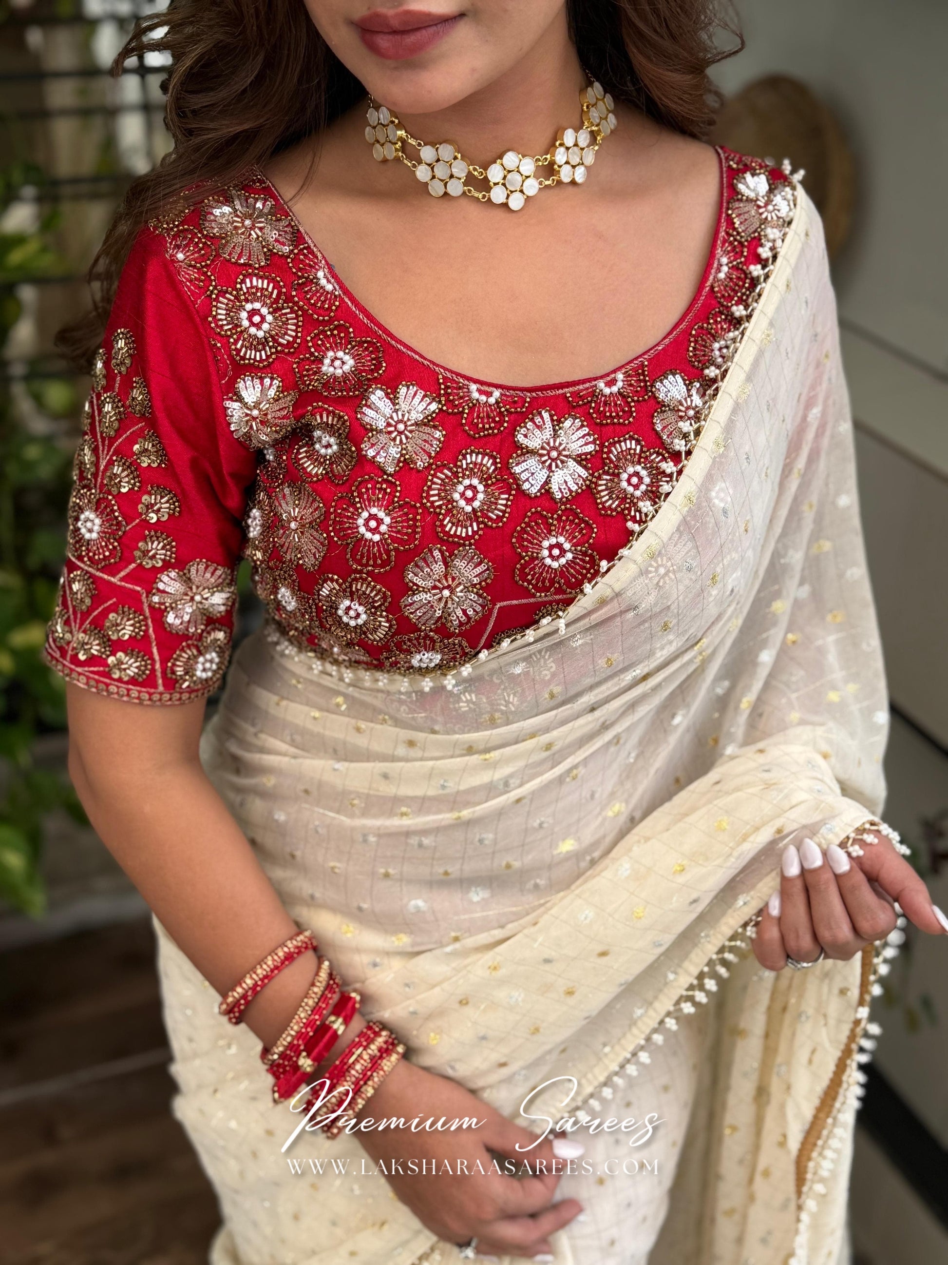 SHAILA — CreamGeorgette Saree x Grand Embroidered Blouse - Laksharaa Sarees