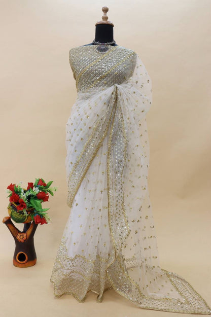 White x gold stunning Party-wear net sequinned saree