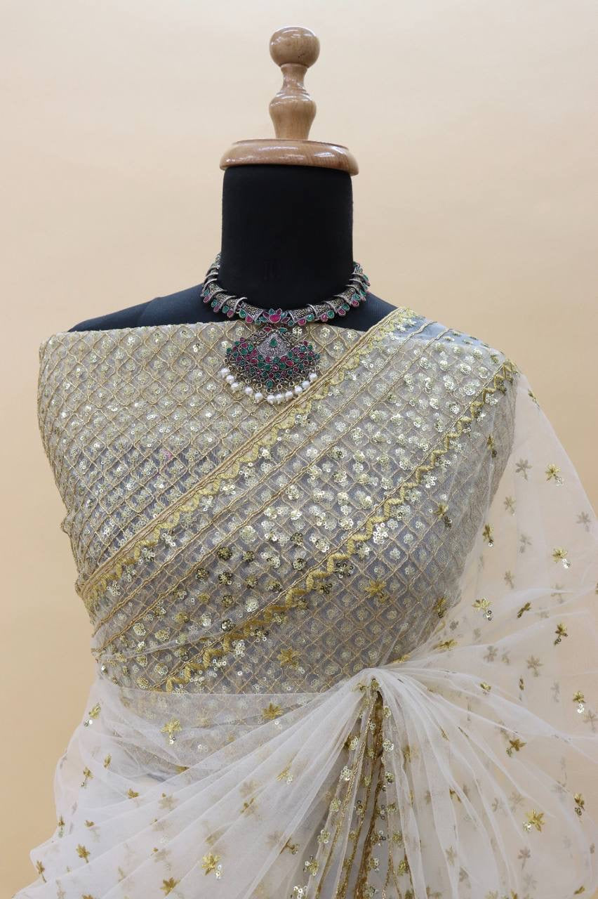 White x gold stunning Party-wear net sequinned saree