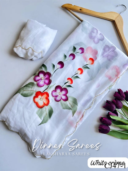 RUBEE — Beautiful White Georgette Handwork Floral Saree - Laksharaa Sarees