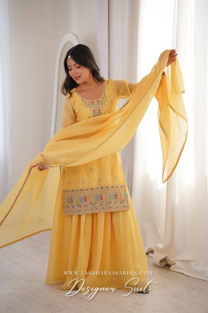 NARGIS - Pastel Yellow Crunch Silk Designer Suit
