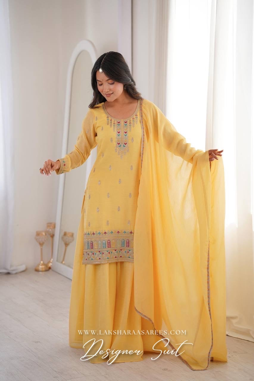 NARGIS - Pastel Yellow Crunch Silk Designer Suit