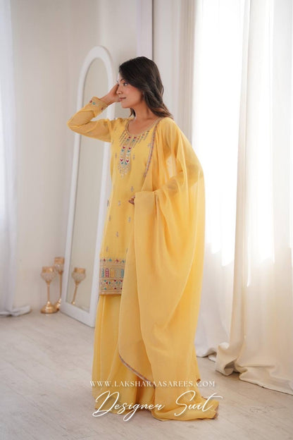 NARGIS - Pastel Yellow Crunch Silk Designer Suit