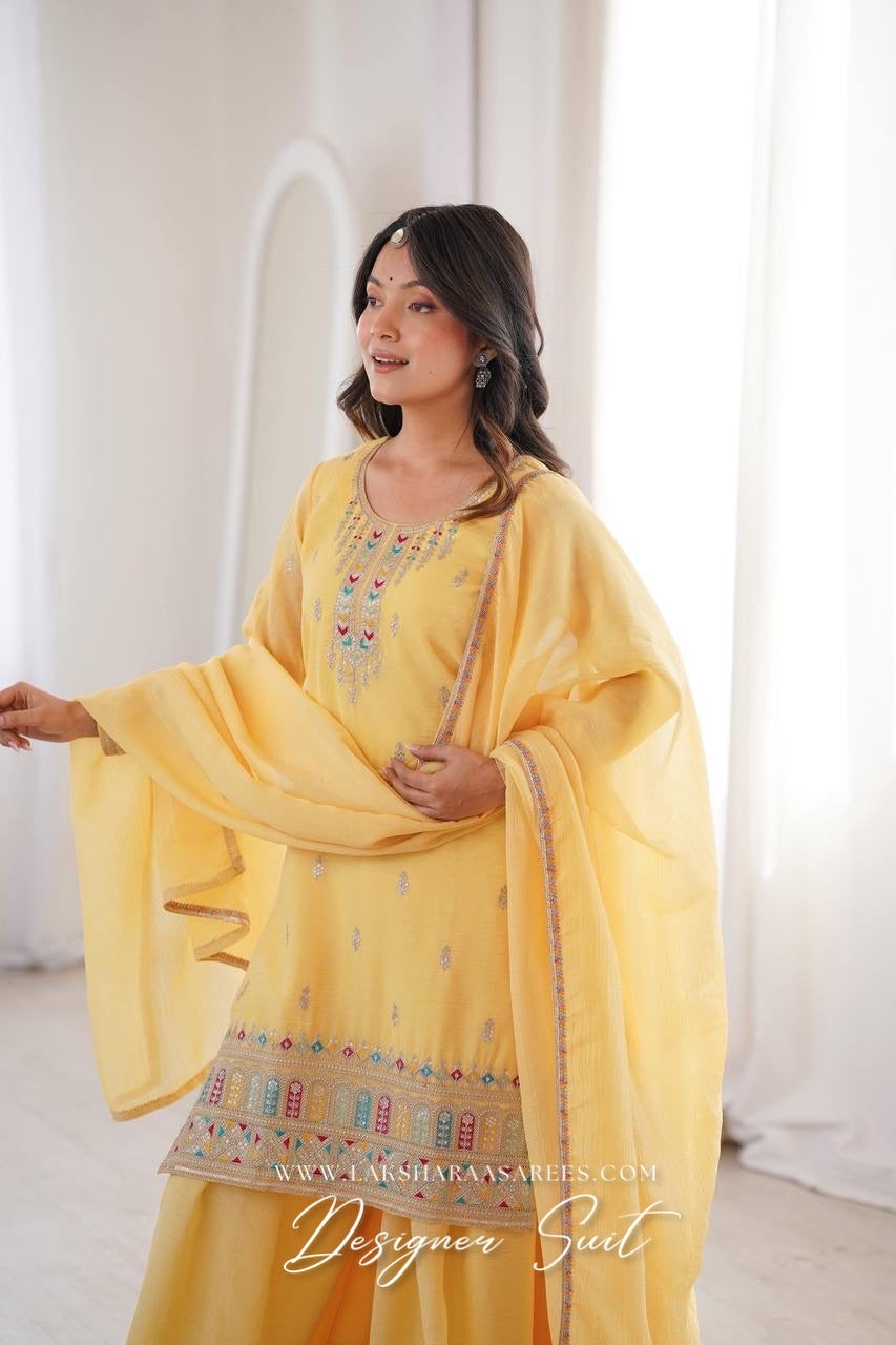 NARGIS - Pastel Yellow Crunch Silk Designer Suit