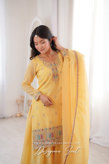NARGIS - Pastel Yellow Crunch Silk Designer Suit