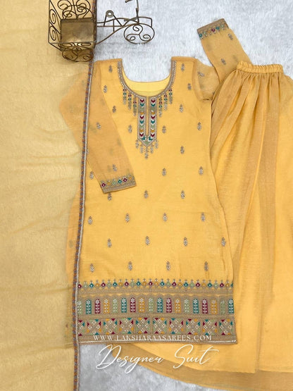 NARGIS - Pastel Yellow Crunch Silk Designer Suit