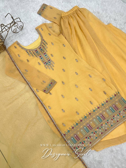 NARGIS - Pastel Yellow Crunch Silk Designer Suit
