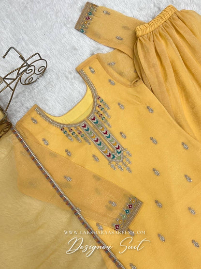NARGIS - Pastel Yellow Crunch Silk Designer Suit