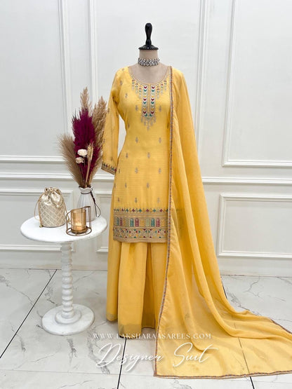 NARGIS - Pastel Yellow Crunch Silk Designer Suit