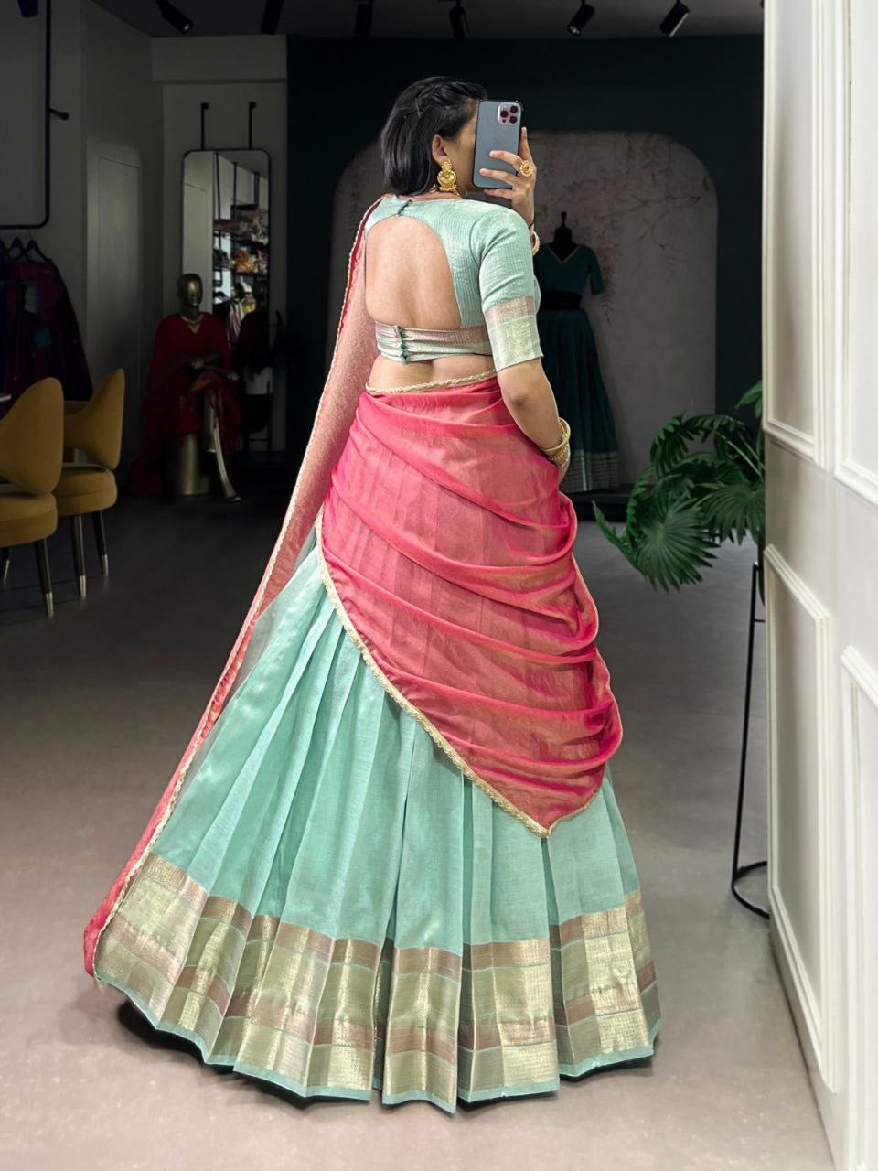 Pink pastel silk half saree lehenga with intricate embroidery and traditional design from Laksharaa Sarees, fully stitched for elegance.