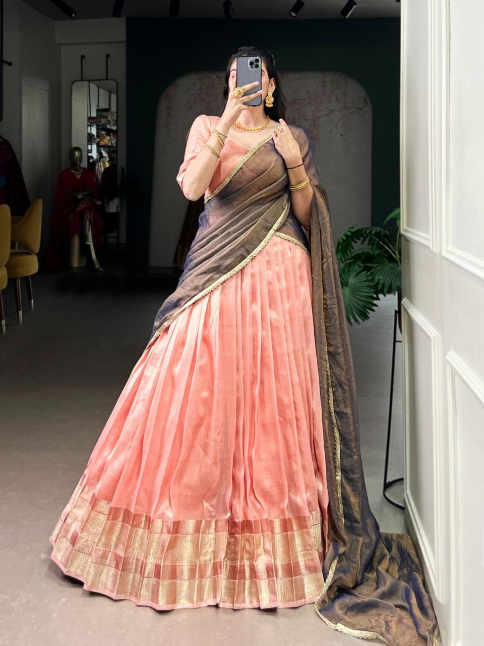 Pastel crush silk half saree lehenga by Laksharaa Sarees, fully stitched with intricate details and elegant fabric.