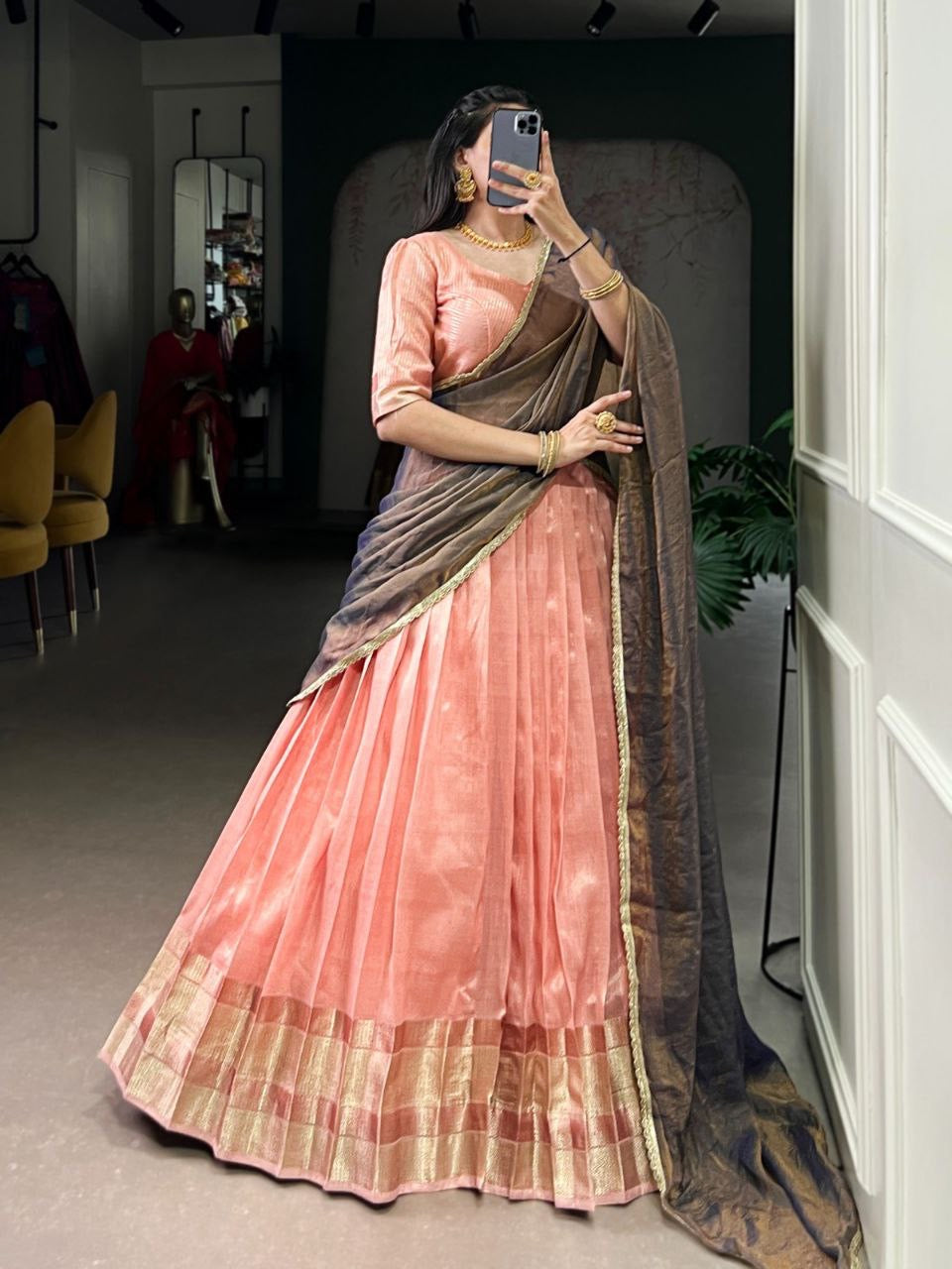 Pastel Crush silk half saree lehenga by Laksharaa Sarees, fully stitched with intricate design, suitable for festive occasions.