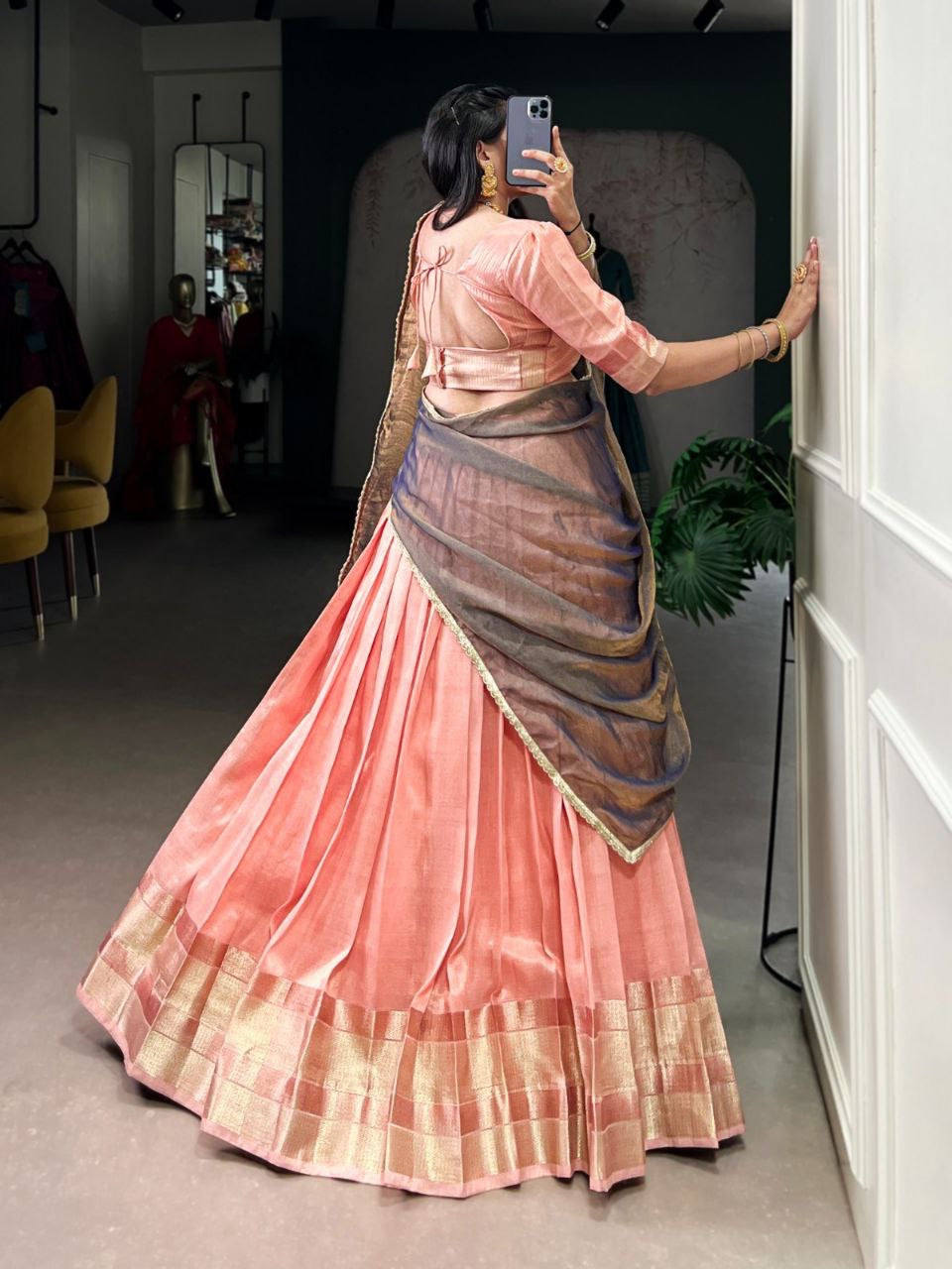 Pastel Crush silk half saree lehenga by Laksharaa Sarees, fully stitched with intricate design and elegant draping.