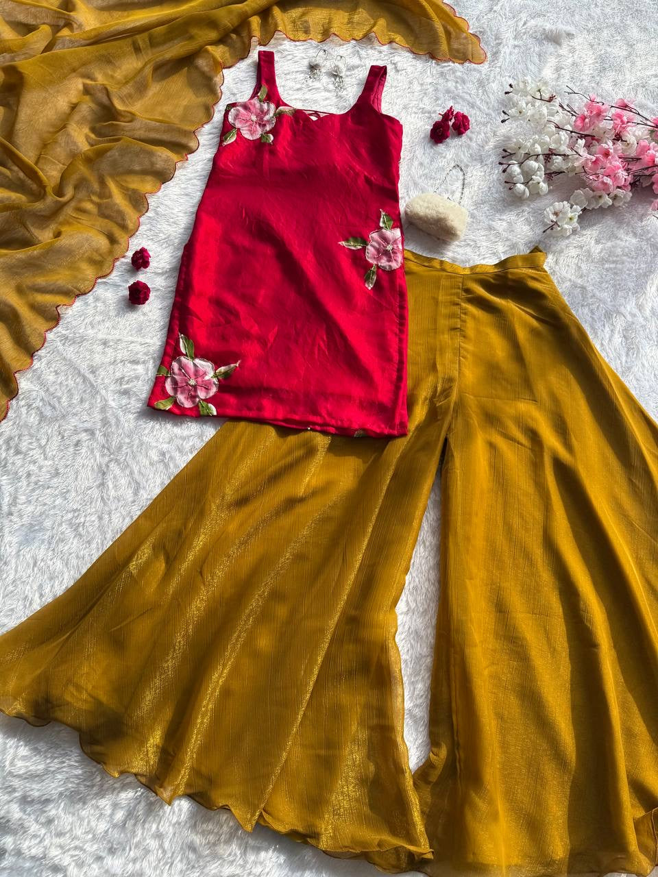 RUHI — Cute Red x Mustard Pallazo Suit
