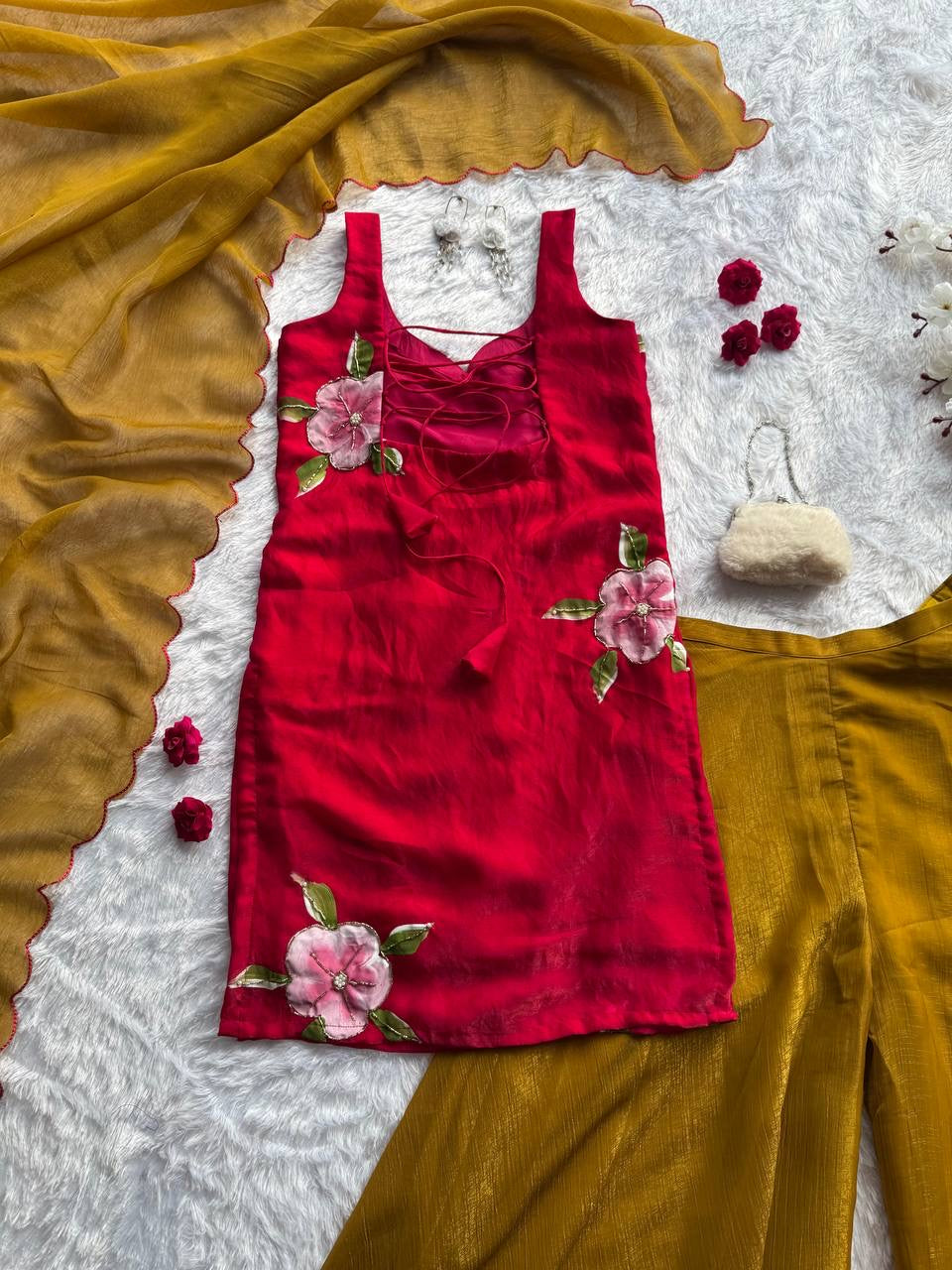 RUHI — Cute Red x Mustard Pallazo Suit