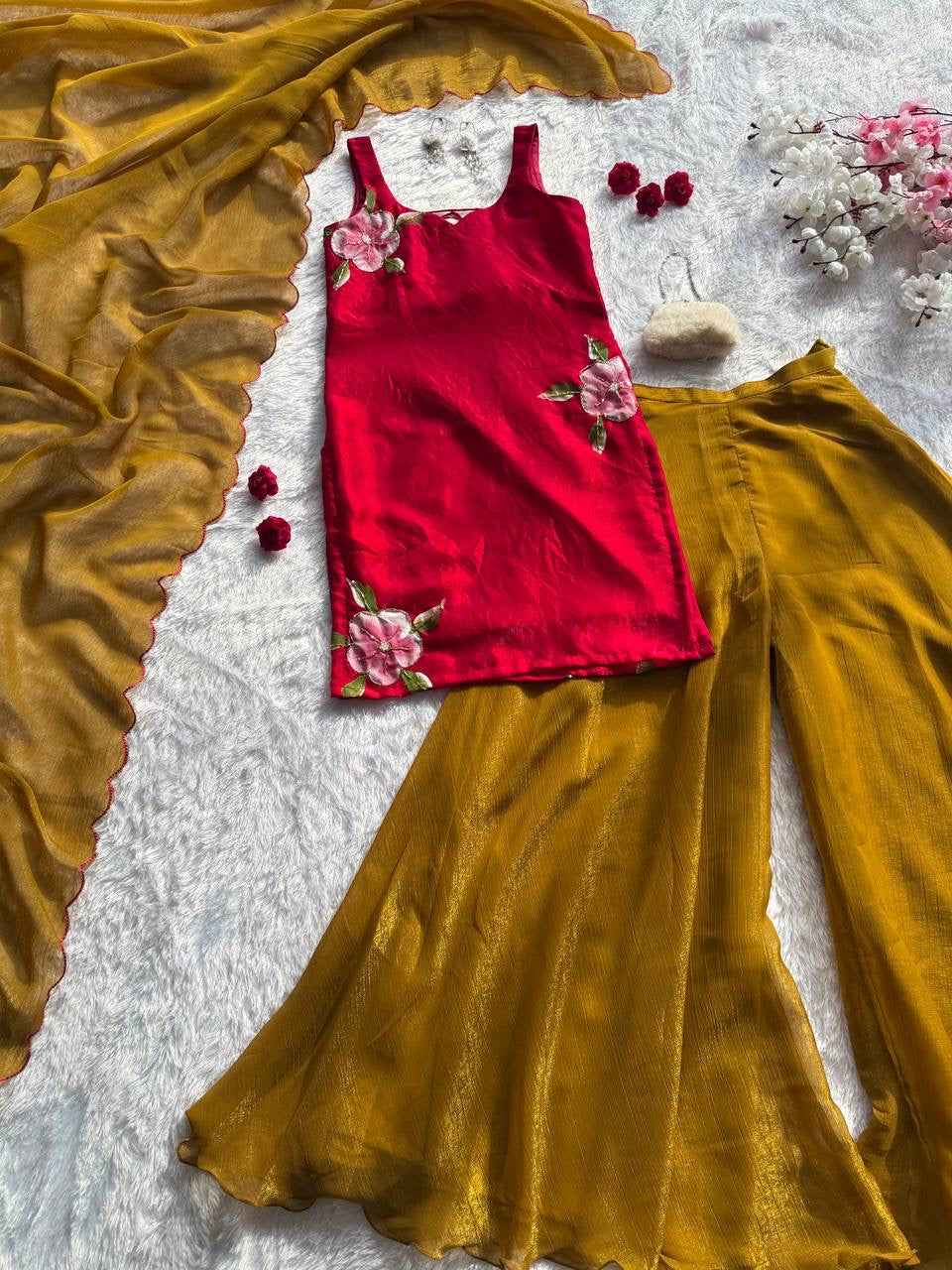 RUHI — Cute Red x Mustard Pallazo Suit