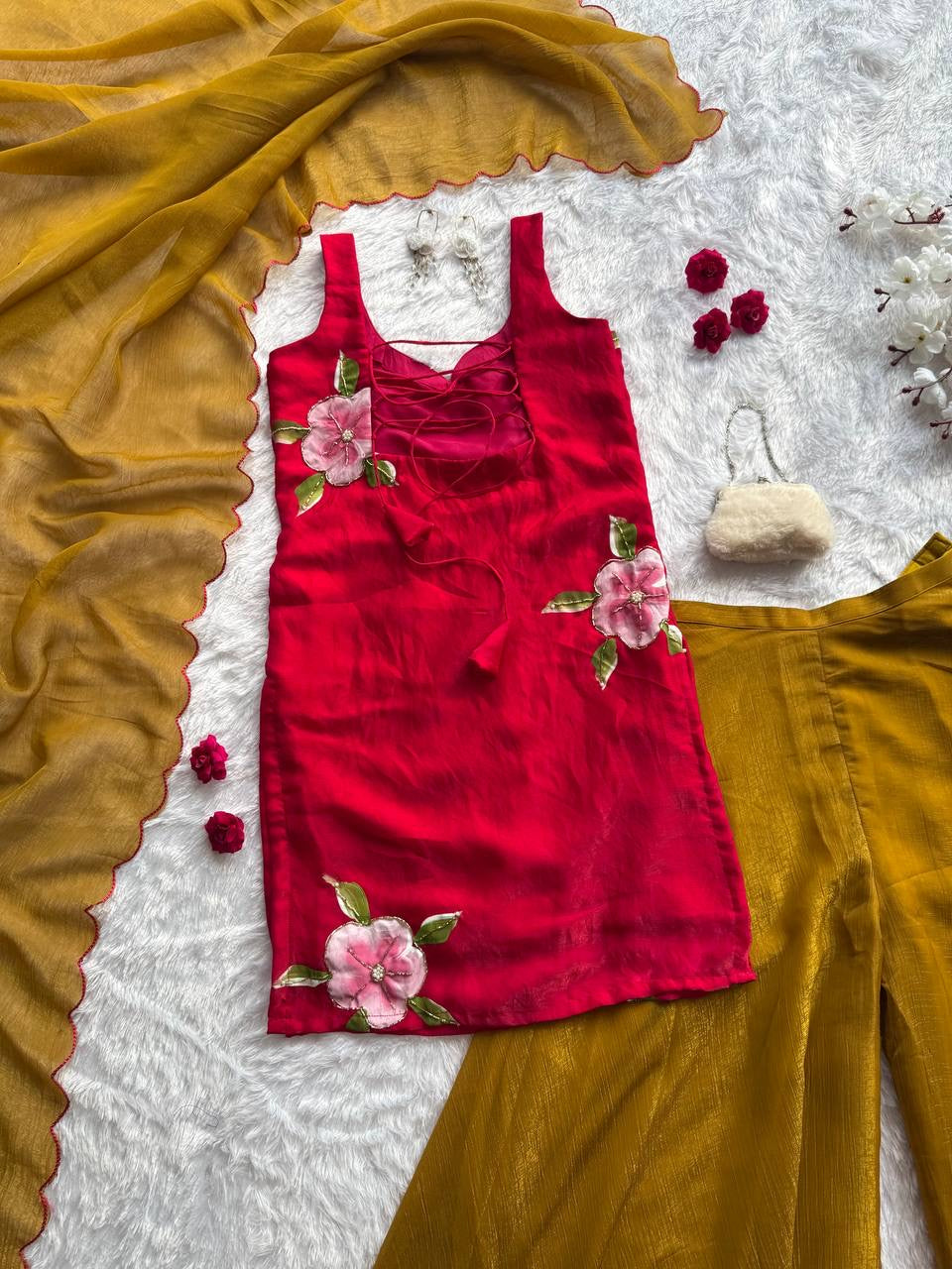 RUHI — Cute Red x Mustard Pallazo Suit