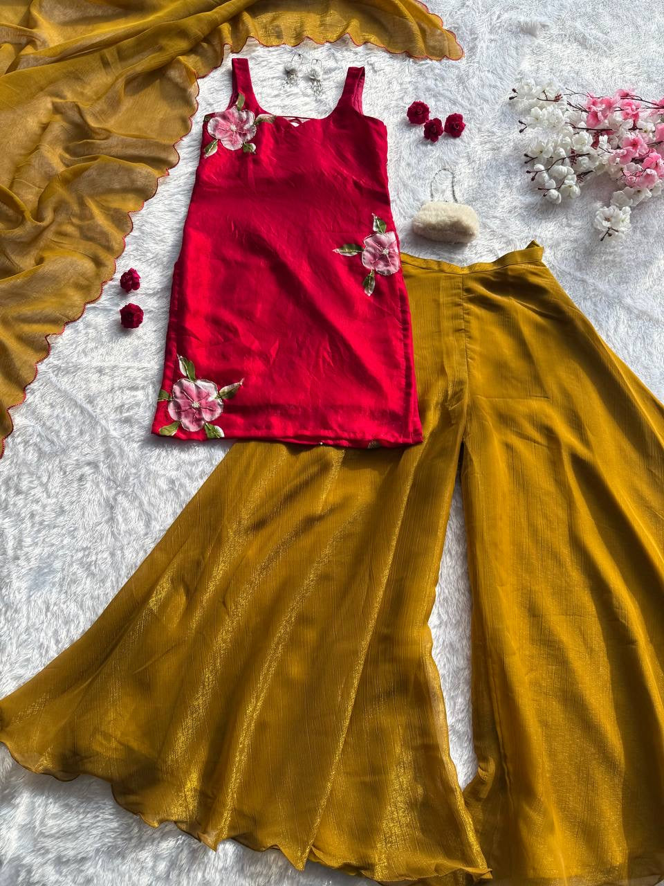 RUHI — Cute Red x Mustard Pallazo Suit