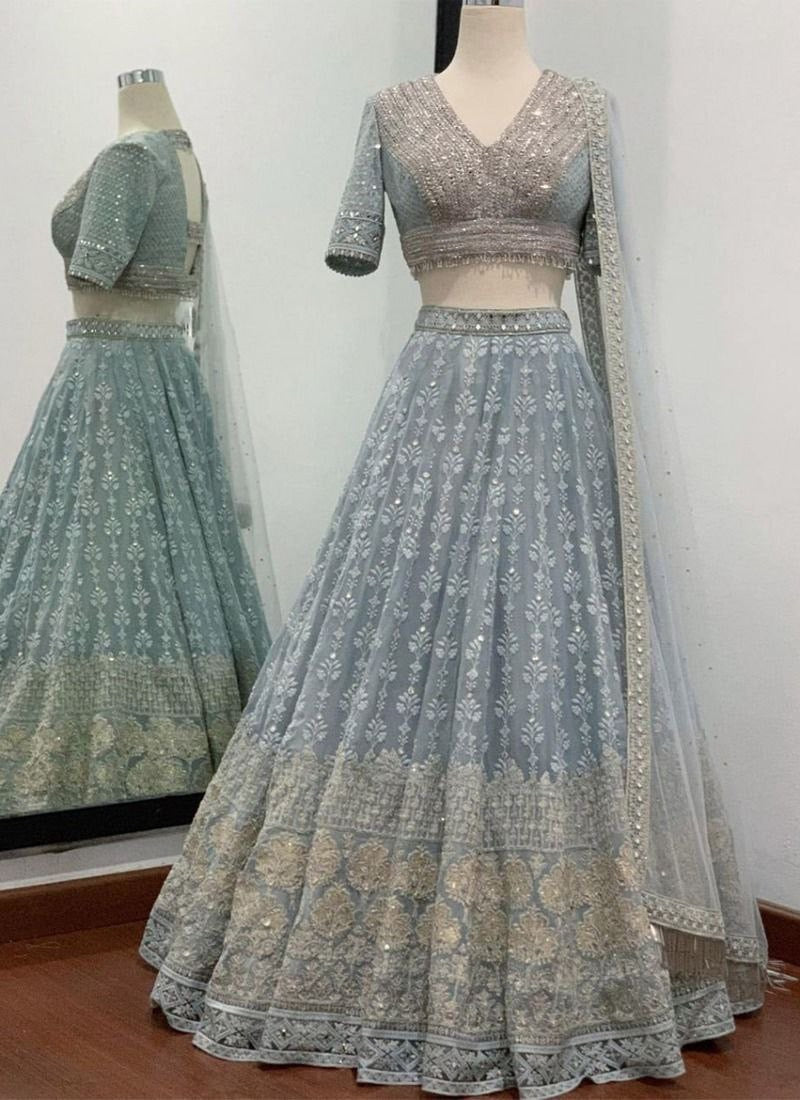 Icy Blue Floral Lehenga