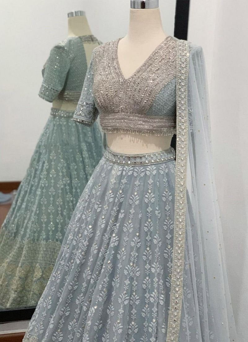 Icy Blue Floral Lehenga