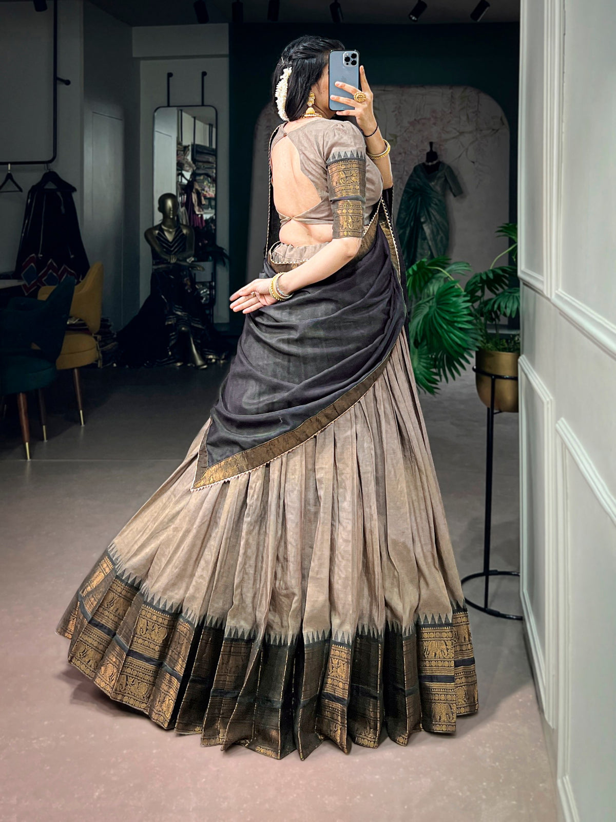 South Indian half saree lehenga by Laksharaa Sarees, featuring intricate embroidery and vibrant colors for traditional occasions.
