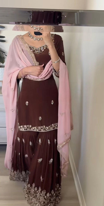AMRITA — Brown x Pink Crepe Silk Sharara