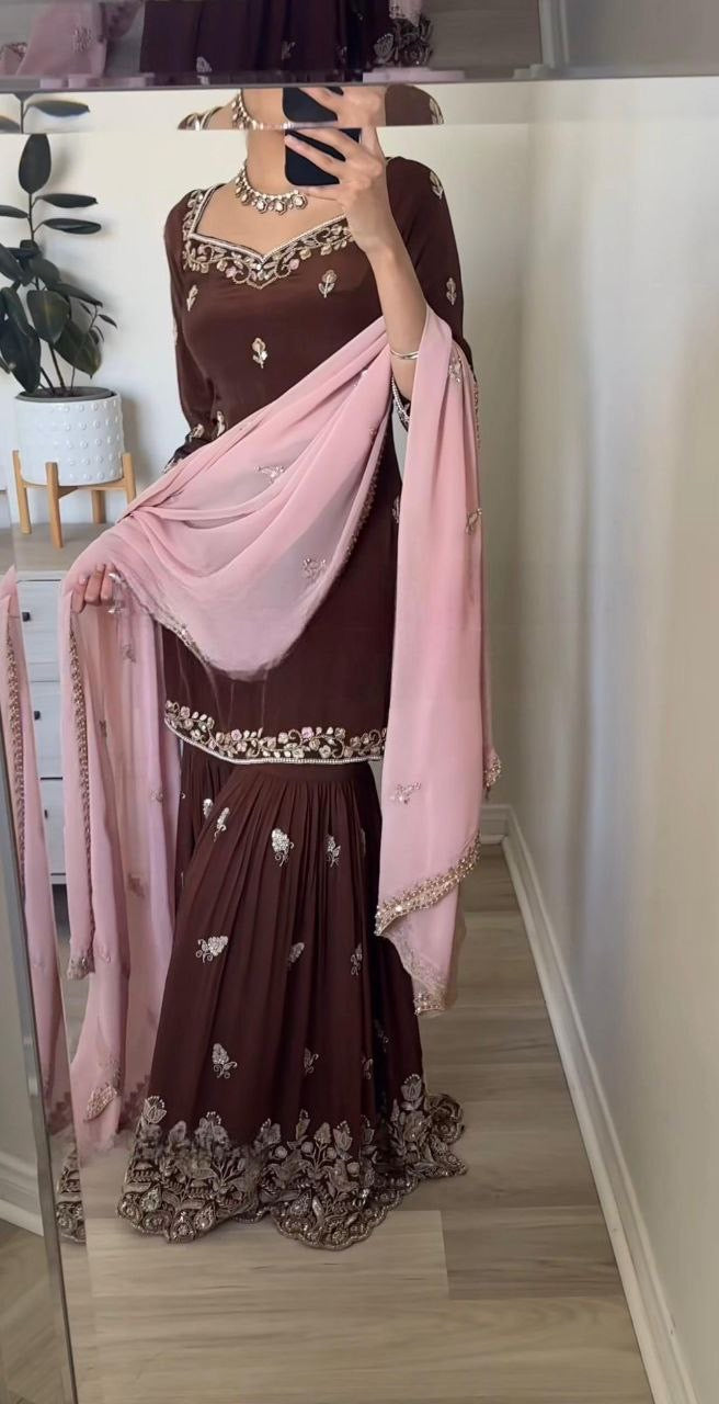 AMRITA — Brown x Pink Crepe Silk Sharara