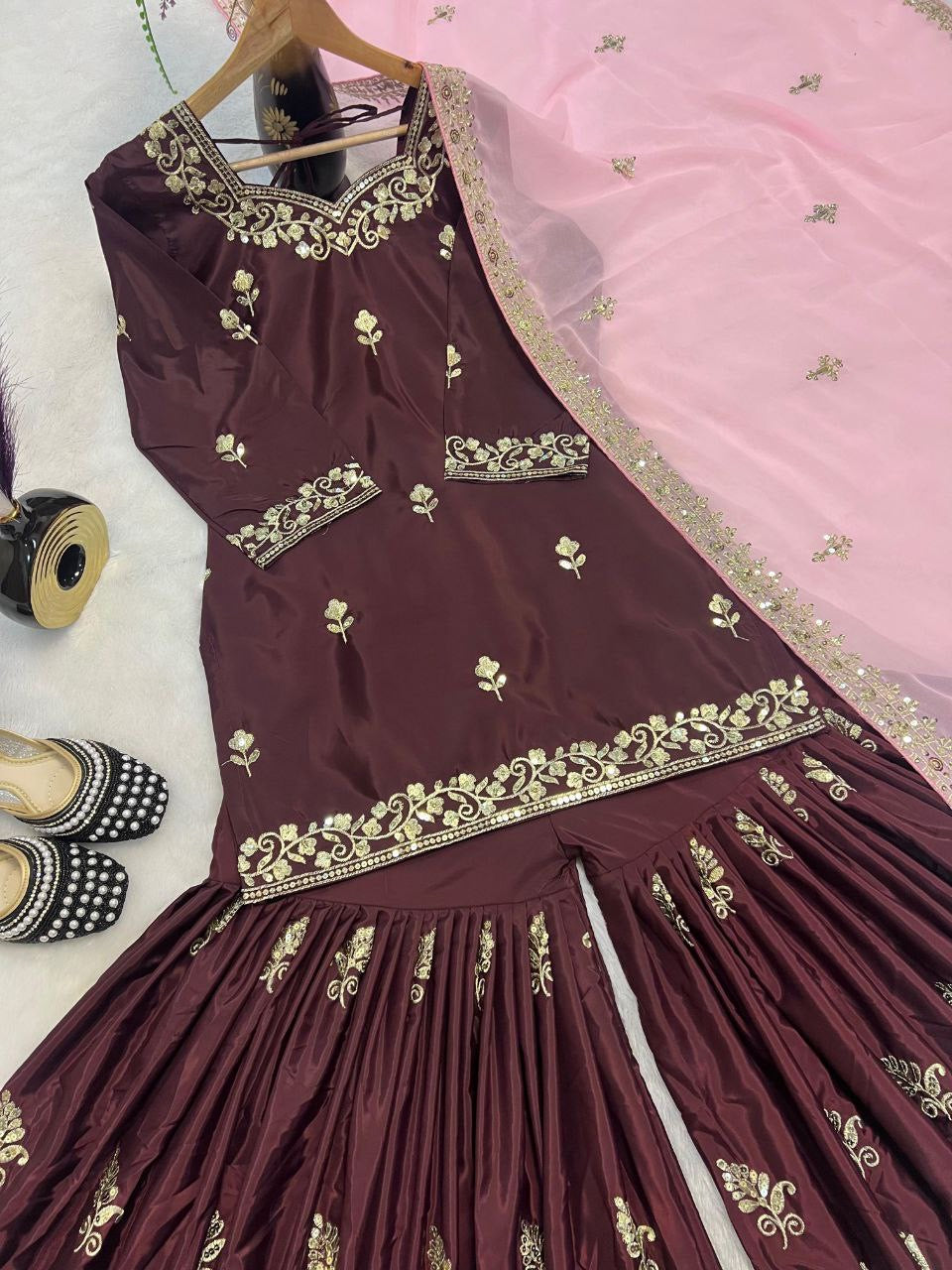 AMRITA — Brown x Pink Crepe Silk Sharara