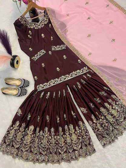 AMRITA — Brown x Pink Crepe Silk Sharara