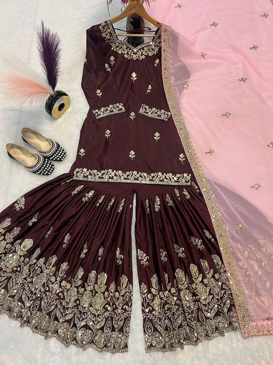AMRITA — Brown x Pink Crepe Silk Sharara